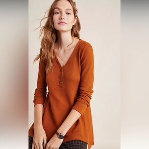 Maeve By Anthropologie Eliza Henley Baby Doll Tunic Waffle Knit Rust Size M